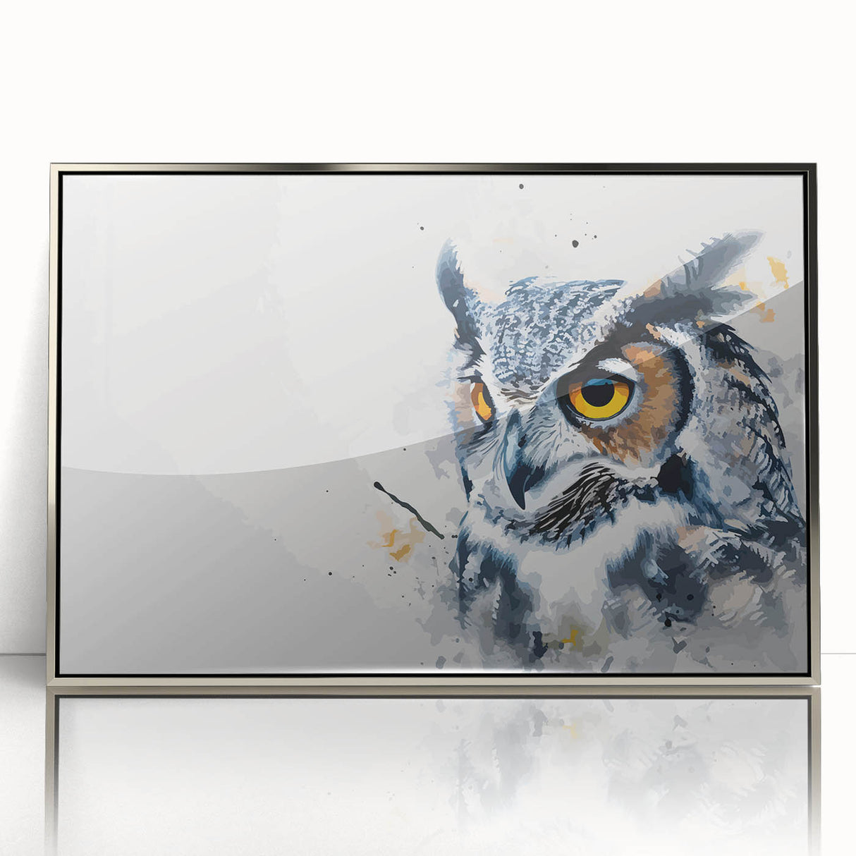 Framed wall art featuring an elegant owl design in silver acrylic, showcasing intricate details and vibrant colors, ideal for modern home decor or nature-themed interiors.