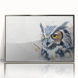Framed wall art featuring an elegant owl design in silver acrylic, showcasing intricate details and vibrant colors, ideal for modern home decor or nature-themed interiors.