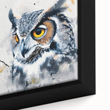 Framed canvas wall art featuring a close-up of an intricately designed owl, showcasing detailed feathers in earthy tones, perfect for nature-themed decor.