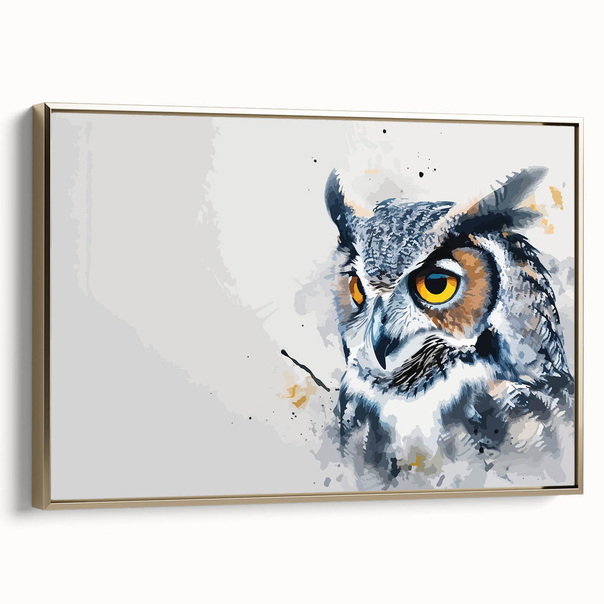 Framed wall art featuring a stylish owl design in gold tones, showcasing intricate details on a canvas, perfect for modern home decor or animal lovers.