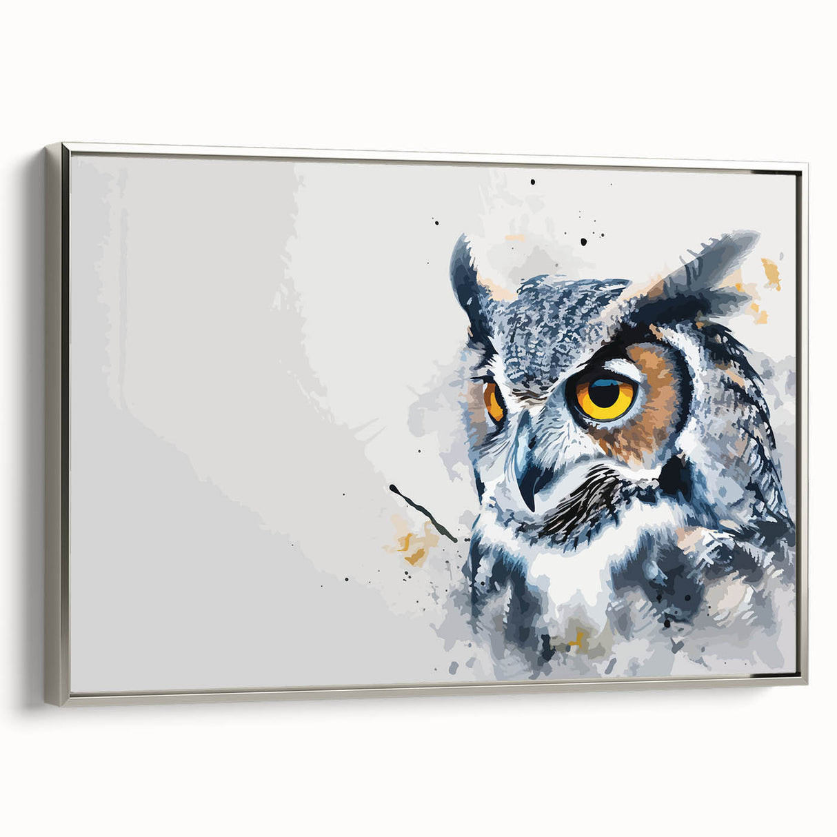 Framed canvas wall art featuring a silver side view of an intricately designed owl, showcasing vibrant colors and detailed patterns, perfect for modern home decor.