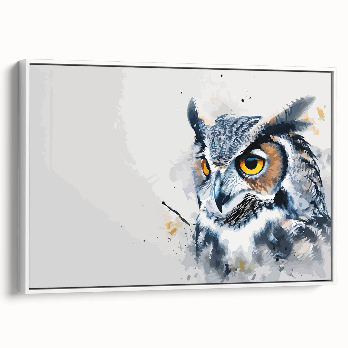 Framed canvas wall art featuring an elegant owl design in a contemporary style, showcasing intricate details and a white frame, perfect for modern home decor.