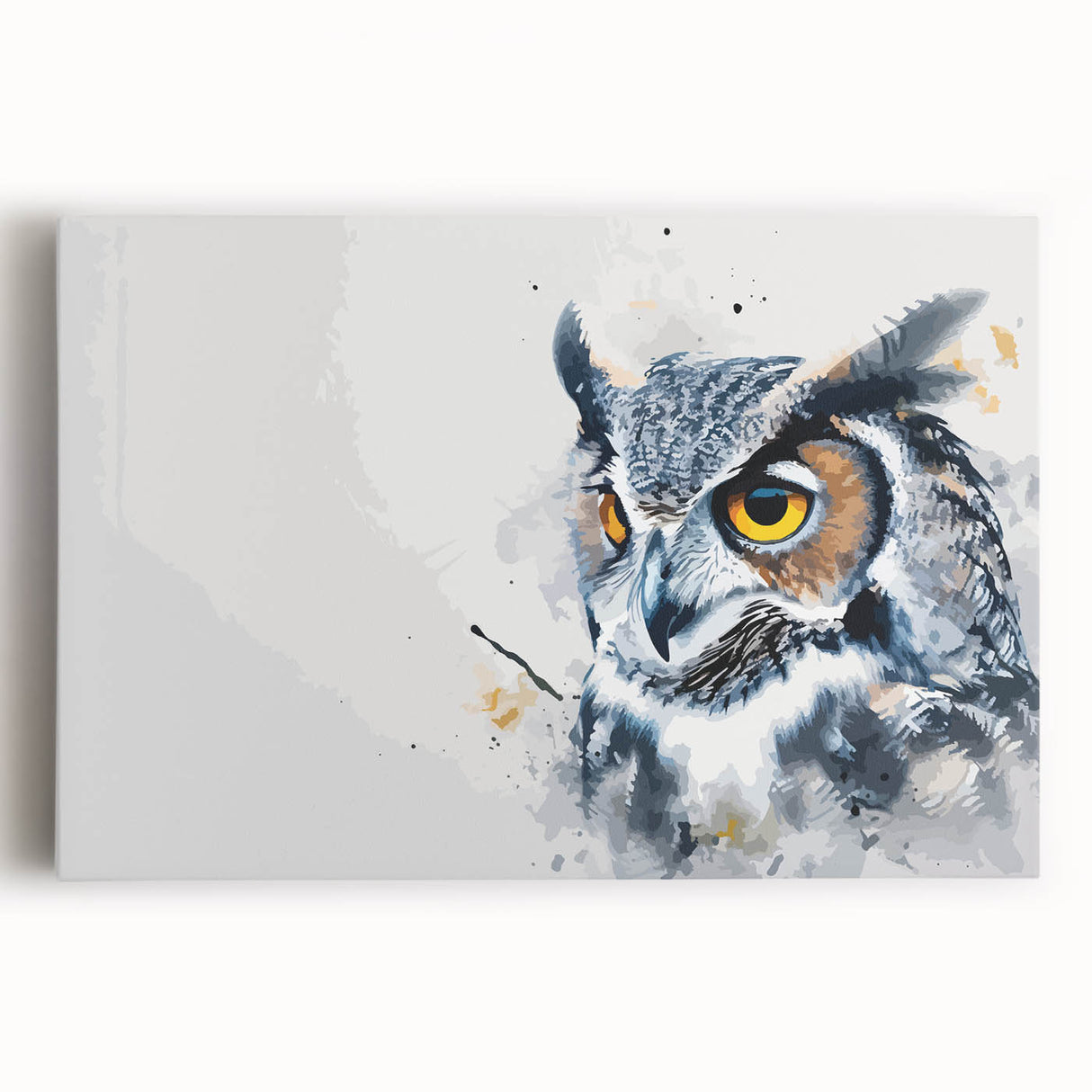 Stretched canvas wall art featuring an intricately designed owl in vibrant colors, perfect for nature lovers and modern decor, enhancing any living space.