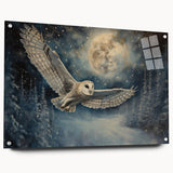 Colorful owl wall art design displayed in an acrylic glass frame, showcasing intricate details and vibrant hues, perfect for modern decor. The side view highlights the artistic pins that secure the artwork, enhancing its stylish presentation.