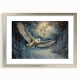 Framed wall art featuring an elegant owl design with intricate details, set in a silver frame and matting, perfect for nature-inspired decor.