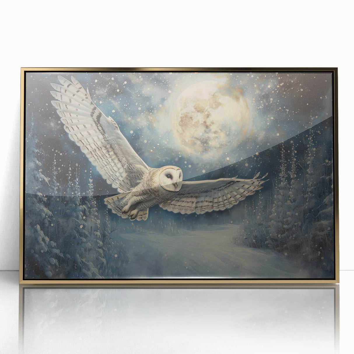 Framed acrylic wall art showcasing a stunning owl design with intricate details and a gold border, perfect for adding a touch of elegance to any modern decor.