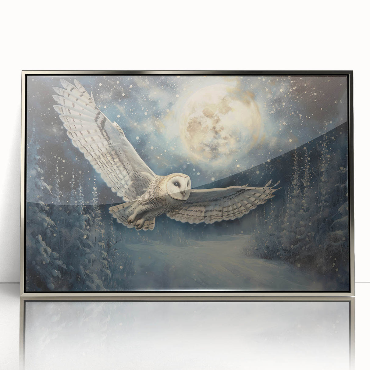 Framed wall art featuring a detailed owl design in silver accents, showcasing a modern aesthetic perfect for home decor, set against a white background.