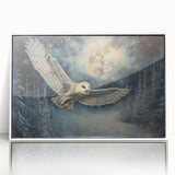 Framed wall art featuring a striking owl design in vibrant colors, displayed in a sleek white frame for modern decor, perfect for nature lovers and home interiors.