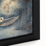 Close-up of a framed canvas wall art featuring a beautifully detailed owl design, showcasing intricate feathers and vibrant colors, ideal for nature-themed decor.