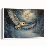 Framed canvas wall art featuring a detailed owl design with vibrant colors, set against a white background, showcasing a side view for dimensional depth and style. Perfect for nature-themed decor or wildlife enthusiasts.