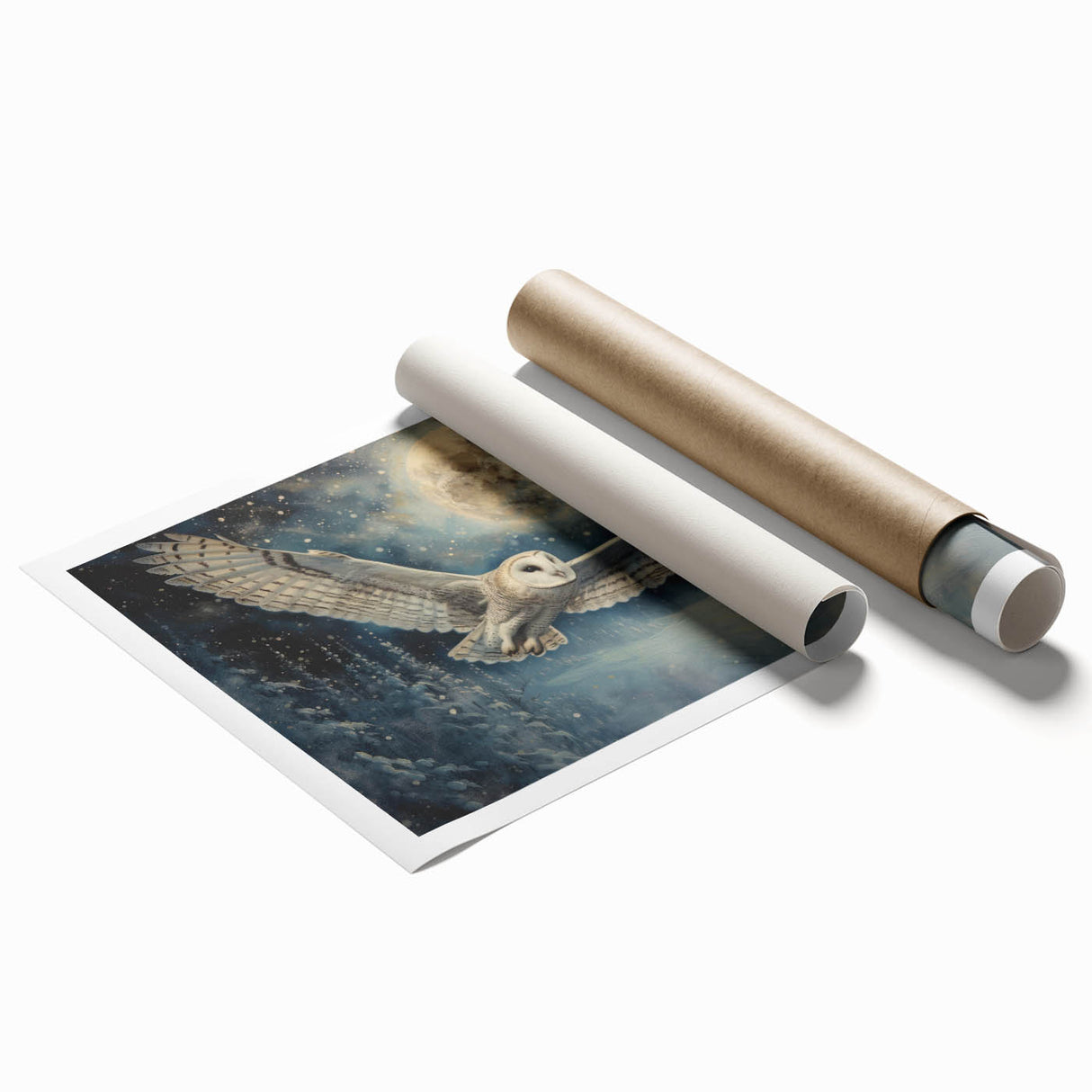 Owl-themed wall art print showcasing intricate bird illustrations in vibrant colors, rolled and ready for display in a protective cardboard tube. Perfect for nature lovers and home decor enthusiasts.