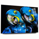 Vibrant wall art collection showcasing colorful parrot designs printed on acrylic glass, elegantly displayed from a side view, highlighting its modern aesthetic.