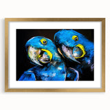 Framed wall art showcasing vibrant parrots in a colorful design, accented with a gold frame and mat. Ideal for nature lovers and modern decor enthusiasts.