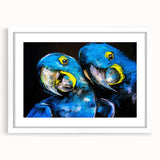 Colorful wall art featuring a collection of parrot designs, framed with a white mat, showcasing intricate details and vibrant hues, perfect for bird lovers' decor.