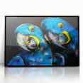 Framed wall art featuring a vibrant design of colorful parrots on a black background, adding a playful touch to home decor. Ideal for bird lovers and modern interiors.