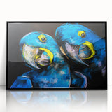 Framed wall art featuring a vibrant design of colorful parrots on a black background, adding a playful touch to home decor. Ideal for bird lovers and modern interiors.