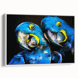 Framed wall art featuring colorful parrot designs on a white background, showcasing vibrant tropical birds in a modern aesthetic setting. Perfect for enhancing home decor with a touch of nature.