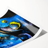 Colorful parrot design wall art print showcasing vibrant tropical birds surrounded by lush foliage, ideal for home decor or nature-themed spaces, rolled for easy framing.