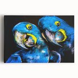 Vibrant wall art featuring a colorful collection of parrot designs on stretched canvas, ideal for enhancing home decor with a tropical theme.