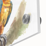 Vibrant close-up of a wall art piece featuring colorful parrots and tropical foliage, designed in acrylic glass, perfect for adding a lively touch to home decor.