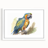 Framed wall art featuring a vibrant collection of colorful parrot designs, showcasing intricate details and a white mat, ideal for bird lovers and home decor enthusiasts.