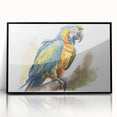 Framed wall art featuring a vibrant collection of colorful parrots on a black background, designed to enhance any living space with its striking visual appeal.