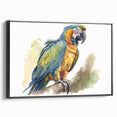 Framed wall art featuring a vibrant design of various colorful parrots against a black background, showcasing intricate details and textures, perfect for bird lovers and home decor enthusiasts.
