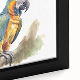 Close-up of a framed canvas wall art featuring vibrant, colorful parrots in a tropical setting, showcasing intricate details and vivid colors, perfect for nature lovers.
