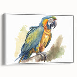 Framed canvas wall art showcasing vibrant parrots in a lush tropical setting, featuring rich colors and intricate details on a white background, perfect for home decor.