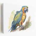 Stretched canvas wall art showcasing a vibrant collection of colorful parrots in a tropical setting, perfect for home decor enthusiasts and bird lovers.