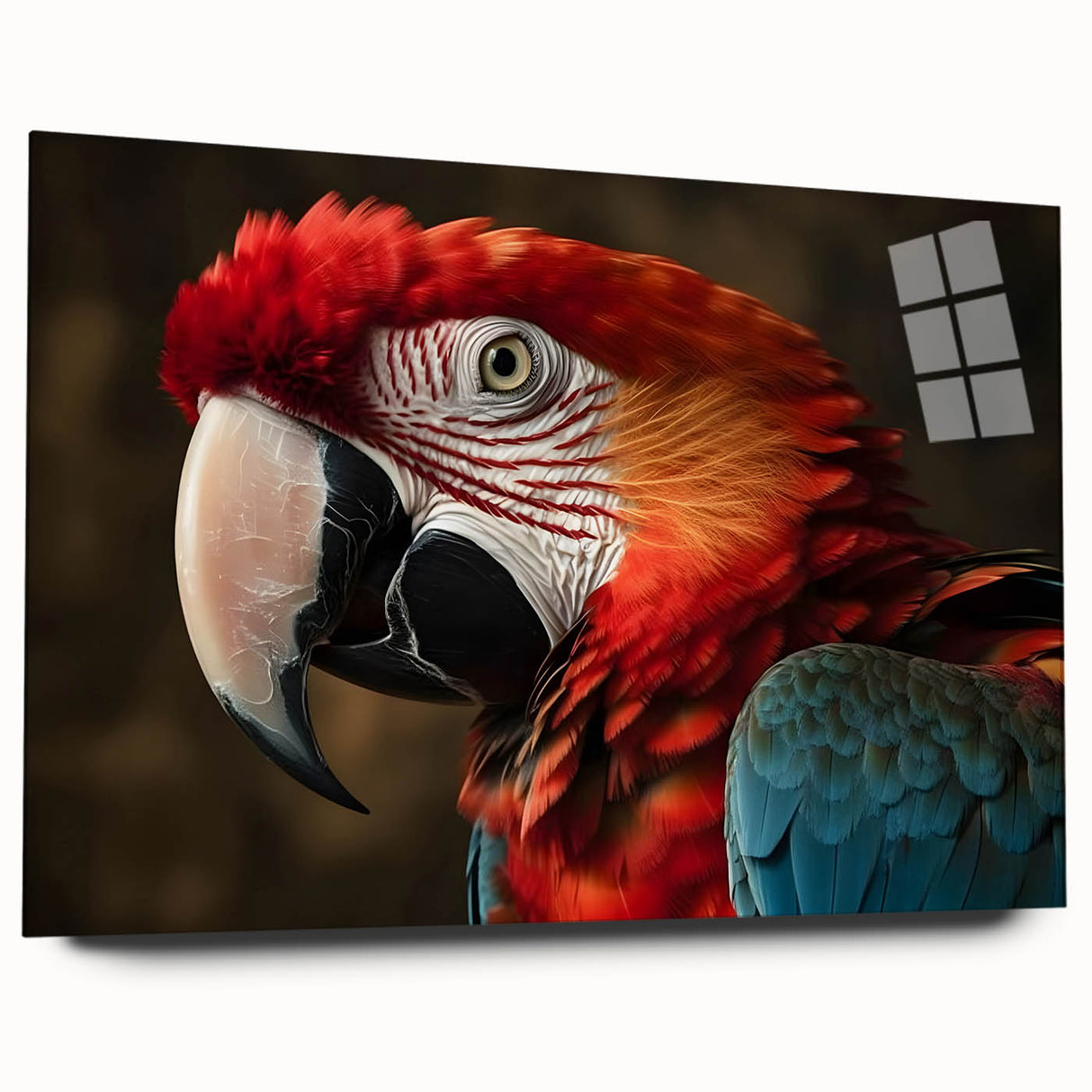 Vibrant acrylic wall art showcasing a colorful design of parrots and birds, featuring a sleek glass side view, perfect for enhancing contemporary decor.