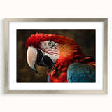 Framed wall art showcasing a vibrant parrot design, featuring a silver frame with matting, perfect for adding a tropical touch to home decor. The colorful artwork captures the essence of exotic birds, making it an eye-catching focal point for any room.