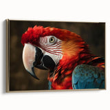 Framed wall art featuring a vibrant parrot design on canvas, showcasing colorful birds against a gold backdrop, perfect for home decor enthusiasts.