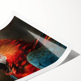 Colorful rolled print showcasing a vibrant design of various parrots perched among tropical foliage, perfect for enhancing any wall decor with a touch of nature. This art piece combines vivid colors and intricate details, ideal for bird lovers and art enthusiasts seeking a lively atmosphere.