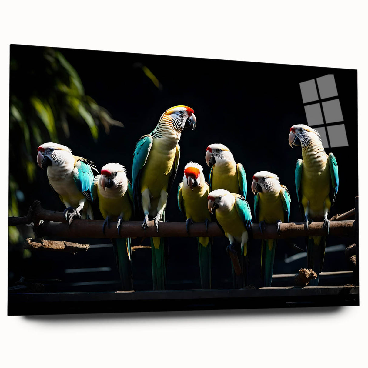 Vibrant wall art featuring a colorful design of parrots and tropical birds on acrylic glass, showcased from a side view, perfect for enhancing home decor.