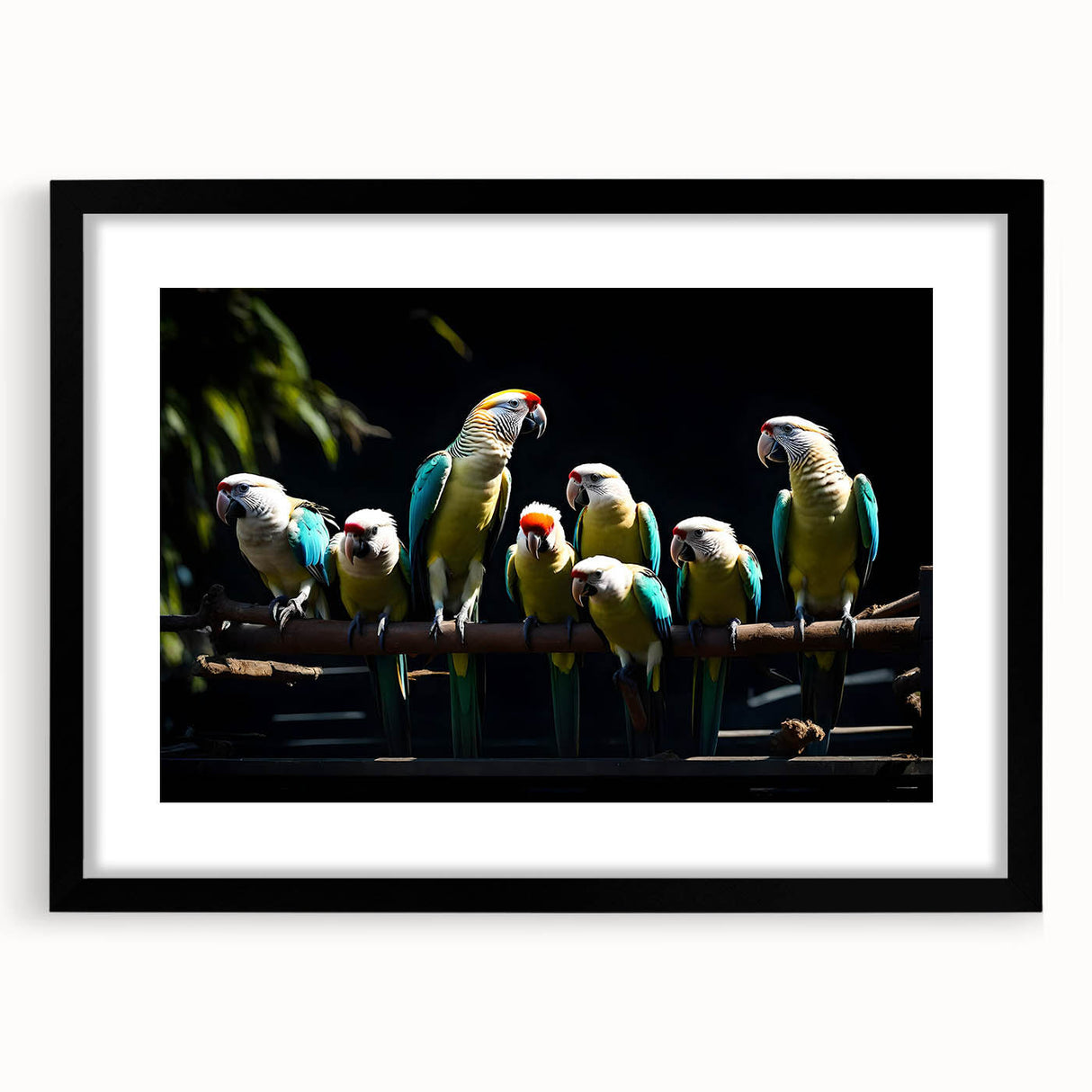 Framed wall art featuring a vibrant parrot design, showcasing colorful tropical birds against a black background, perfect for enhancing home decor.