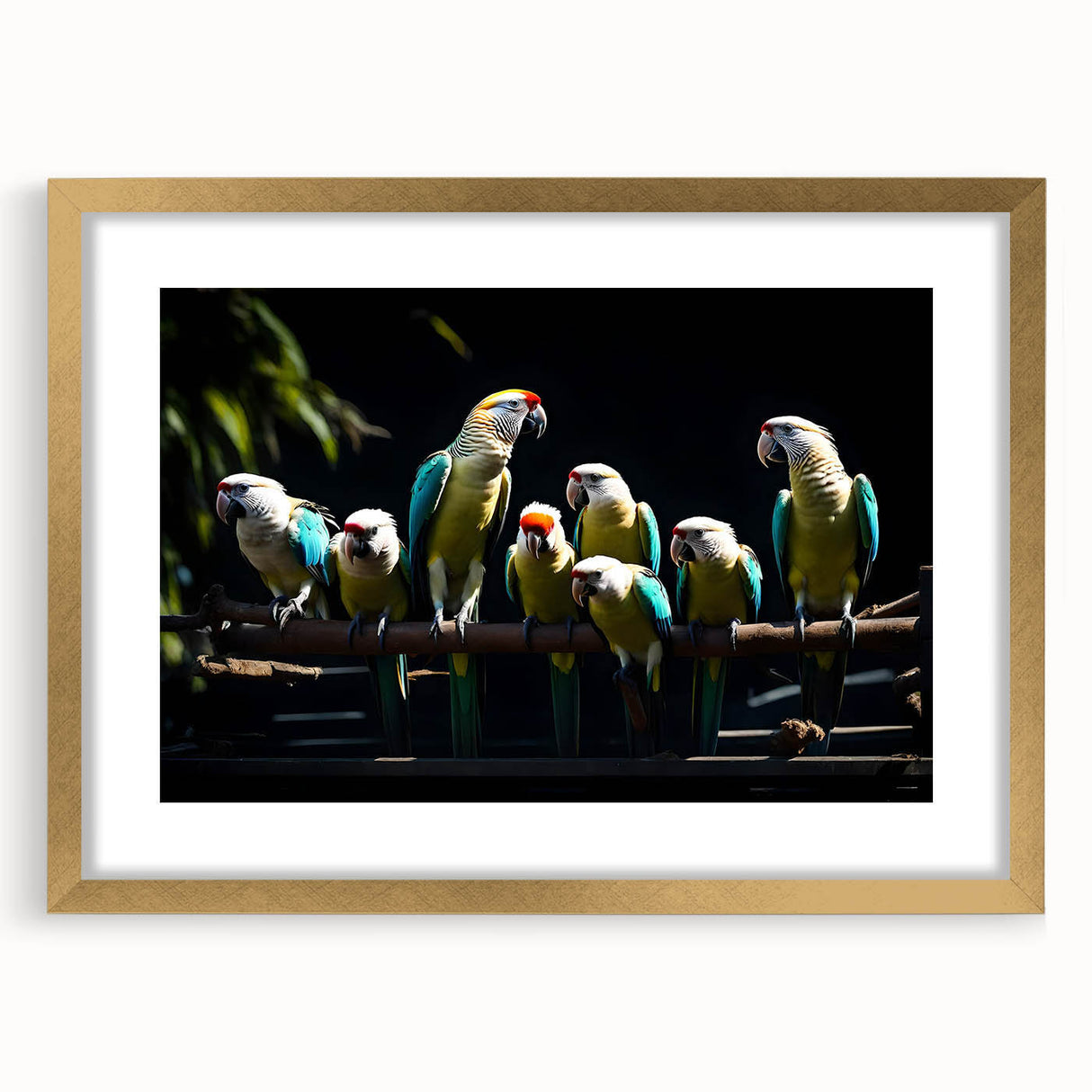 Vibrant wall art featuring a detailed parrot design in a gold frame, accented with a white mat, ideal for enhancing home decor with a tropical touch.
