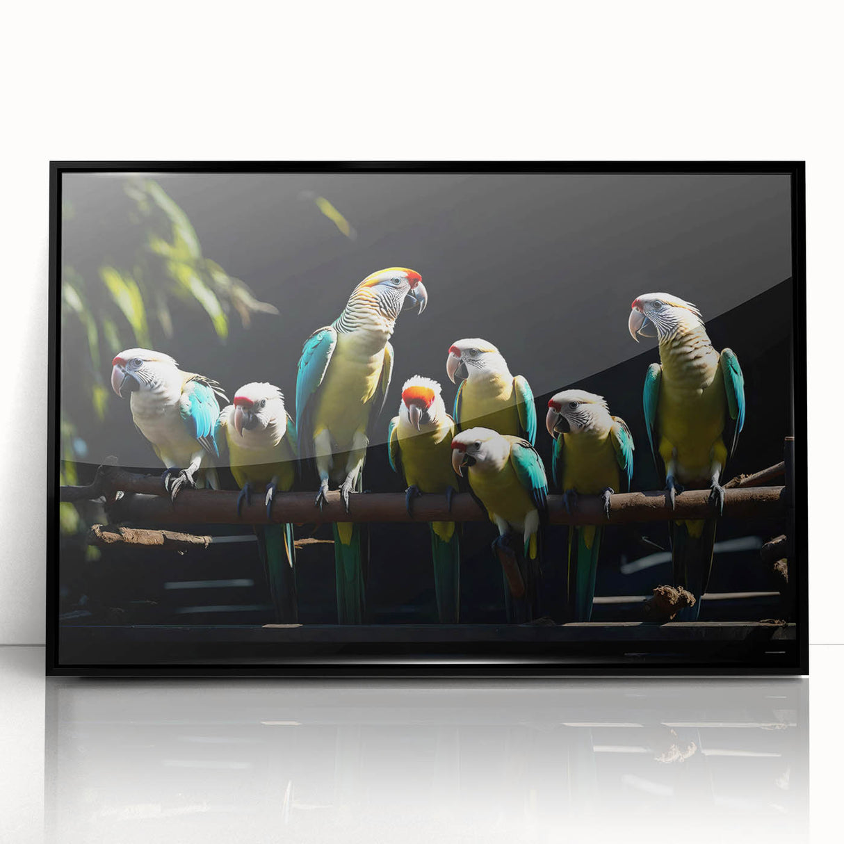 Framed wall art showcasing a vibrant design of colorful parrots against a black background, perfect for adding a tropical flair to any room.