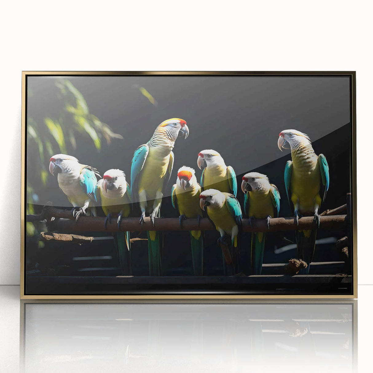 Framed wall art featuring a vibrant design of colorful parrots on a gold-accented background, perfect for adding a touch of tropical elegance to any room.