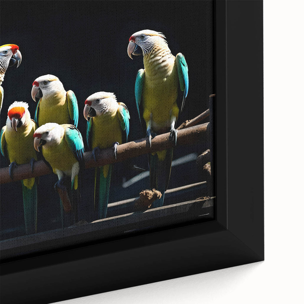 Vibrant close-up of framed wall art showcasing a colorful parrot design with intricate details, perfect for adding a tropical flair to home decor.