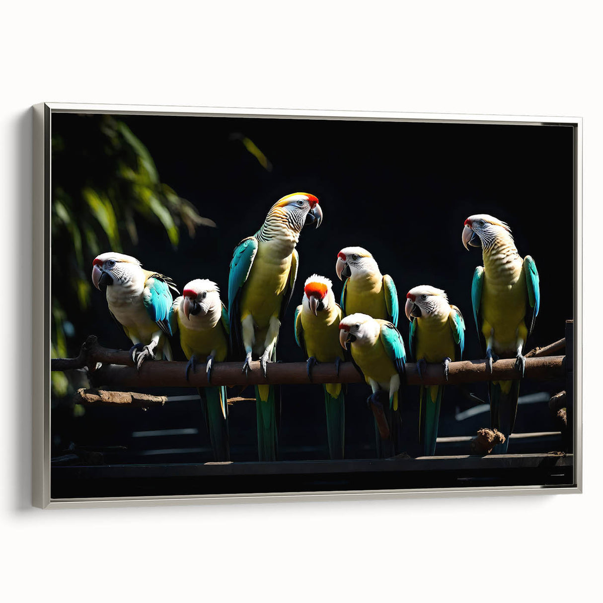 Framed canvas artwork showcasing a vibrant parrot design in vivid colors, elegantly displayed with a silver frame, perfect for enhancing modern home decor.