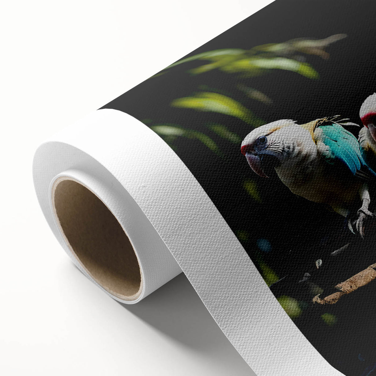 Vibrant rolled canvas artwork showcasing a colorful collection of parrot designs, perfect for home decor, featuring intricate details and a textured finish.