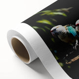 Vibrant rolled canvas artwork showcasing a colorful collection of parrot designs, perfect for home decor, featuring intricate details and a textured finish.