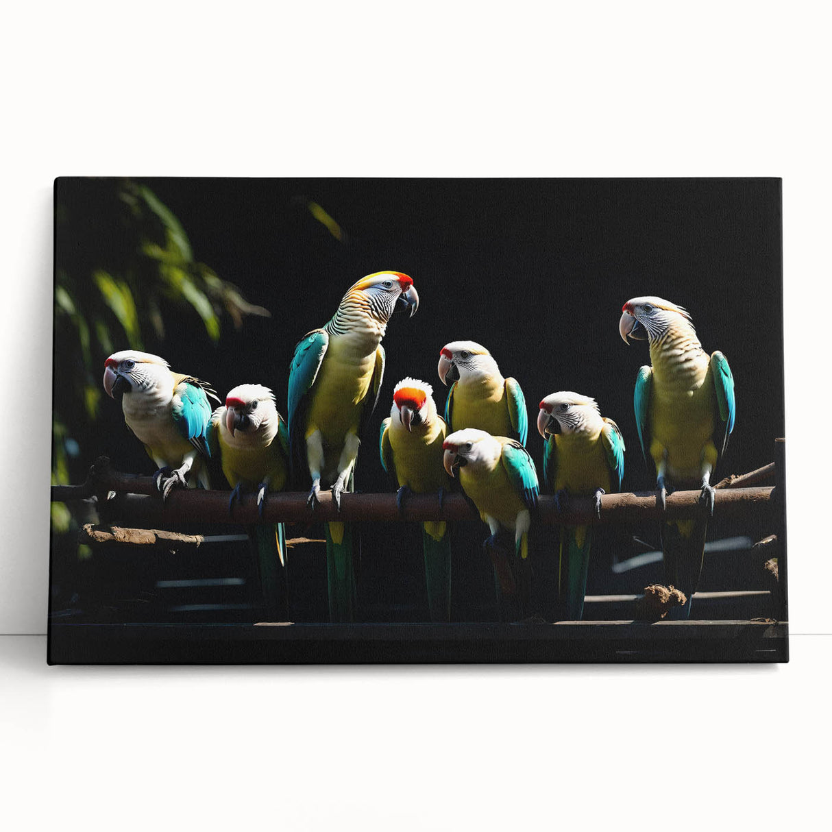 Vibrant stretched canvas wall art featuring a colorful collection of parrots against a natural backdrop, ideal for enhancing home decor with a tropical theme.