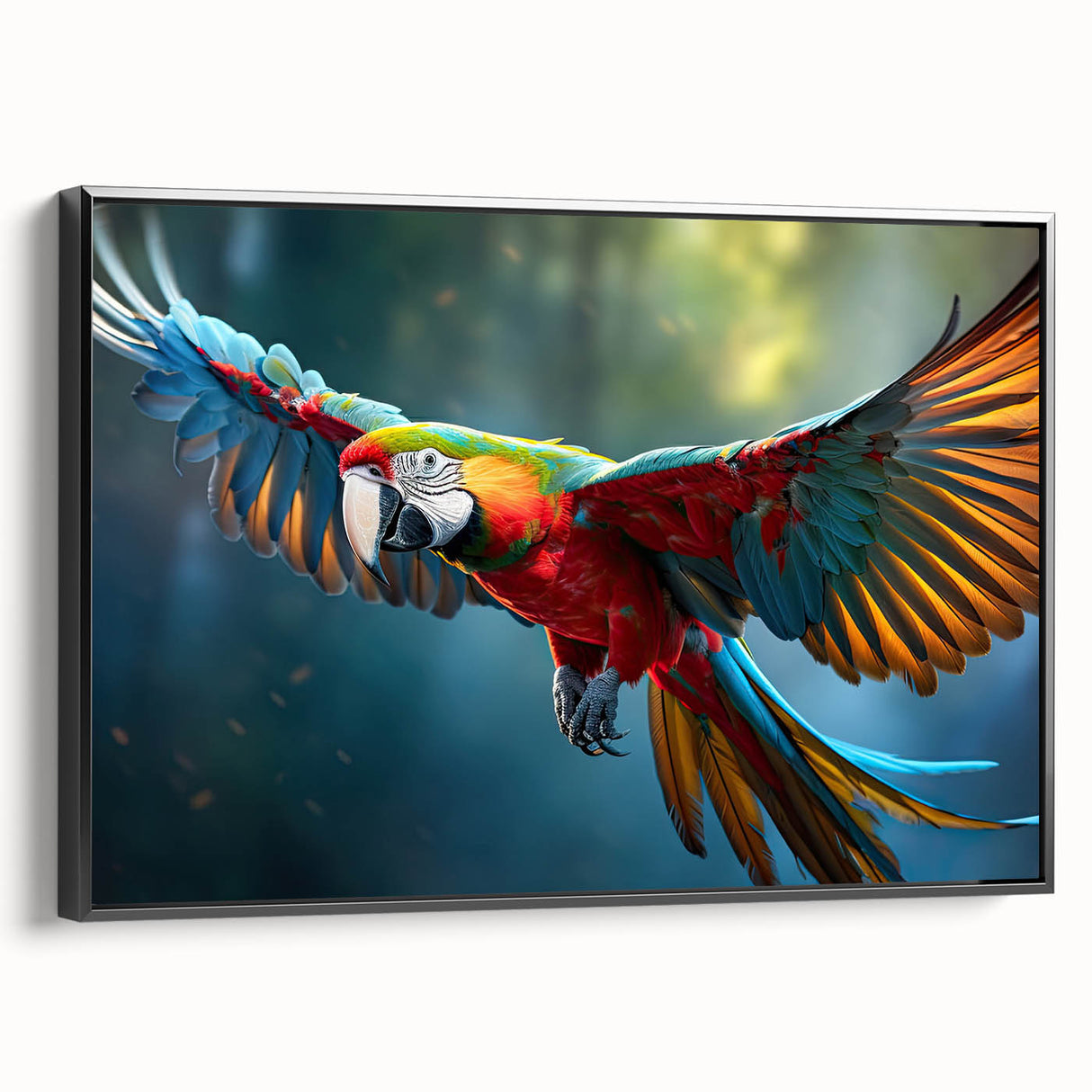 Framed wall art featuring a vibrant parrot design on canvas, showcasing a colorful tropical scene with intricate details and a sleek black frame, perfect for home decor.