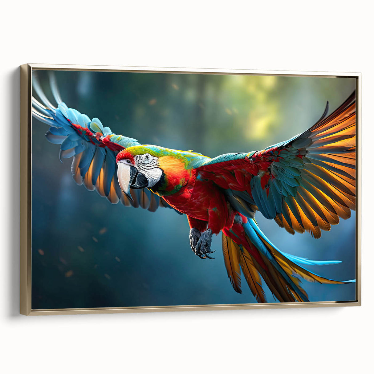 Framed canvas wall art featuring a vibrant parrot design with shades of green and gold, showcasing tropical elements, ideal for modern decor enthusiasts.