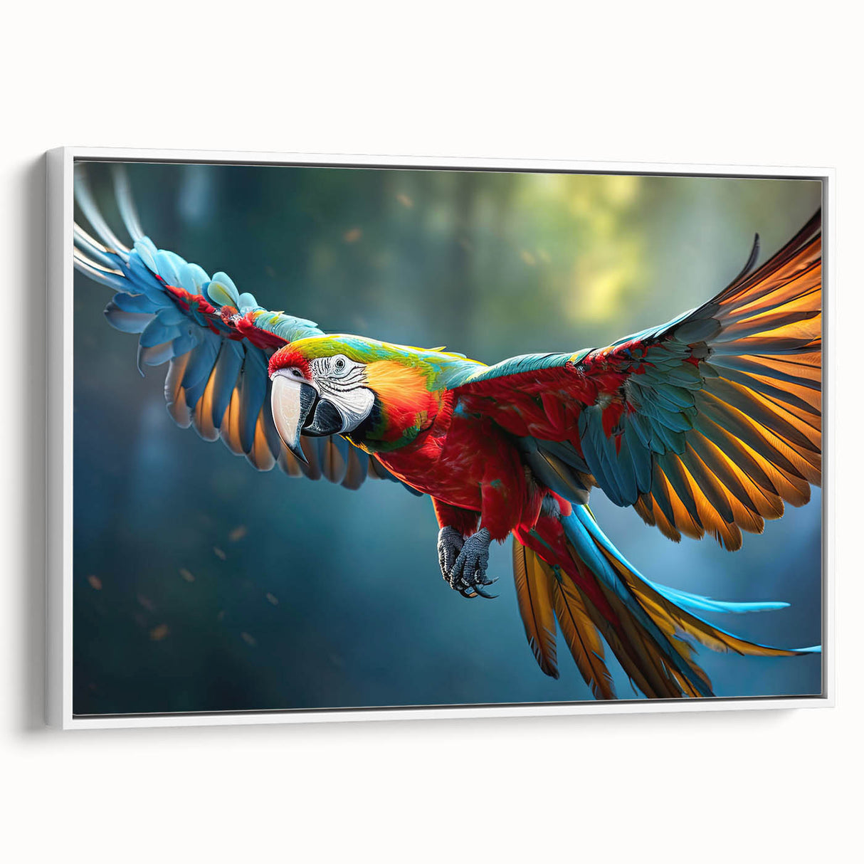 Framed canvas wall art featuring a vibrant design of colorful parrots perched on branches against a white background, ideal for brightening home décor.