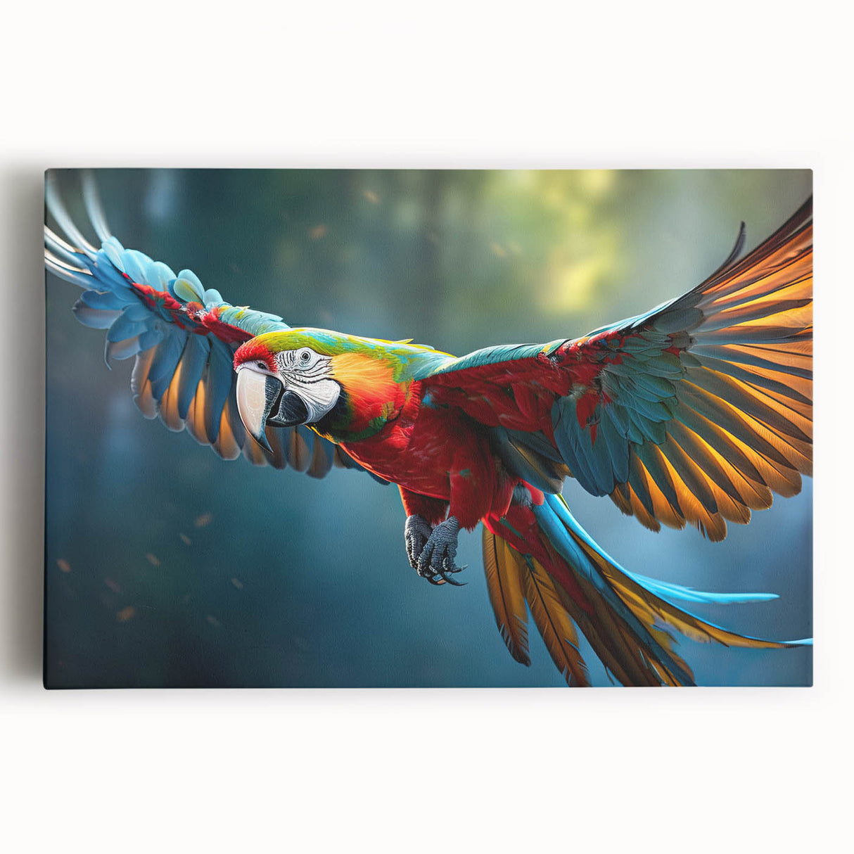 Vibrant stretched canvas wall art featuring a colorful parrot design against a lush tropical background, ideal for enhancing living spaces with a cheerful ambiance.