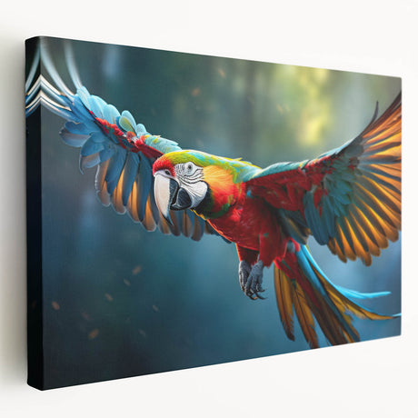 Vibrant stretched canvas wall art featuring colorful parrots in a tropical setting, showcasing intricate details and a lively design ideal for home decor.
