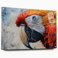 Side view of a vibrant wall art collection showcasing colorful parrot designs printed on acrylic glass, mounted with decorative pins for modern decor. Ideal for bird lovers and nature enthusiasts, this artwork adds a lively touch to any interior space.